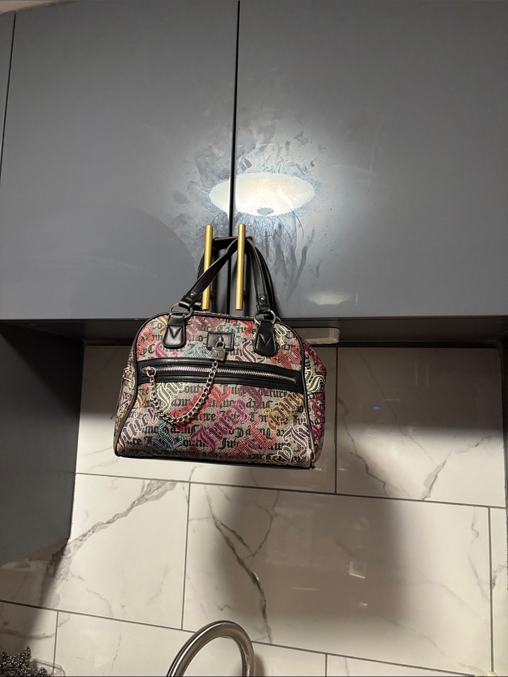 Juicy Couture Multicolor Logo Print Dome Satchel with Black Trim w:straps